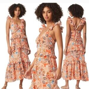 MISA Morrison Tangerine Floral Ruffled Tiered Midi Dress size XL